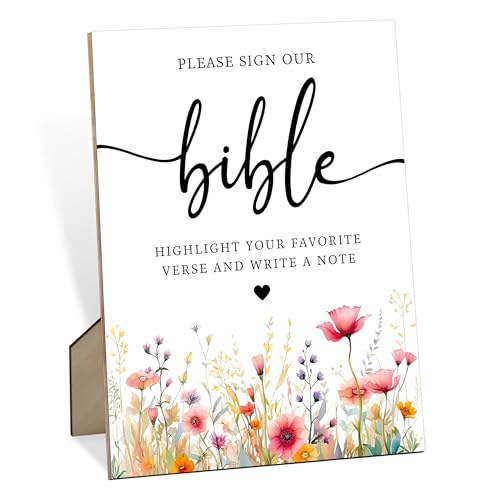 Please Sign our Bibel Holzschild mit Ständer, 20,3 x 27,9 cm, Hochzeitsschilder für Empfang, Bibel-Gästebuch-Schild für Tische, Blumen-Party-Dekorationen für Brautparty, Verlobung, Babyparty von scodilo
