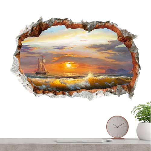 scyca Wandaufkleber mit gebrochenem Loch, Wandaufkleber für Meer / Strand | Tapete mit Meerfenster, Wandaufkleber mit gebrochenem Loch, dekorativer Fensteraufkleber mit Landschaft von scyca
