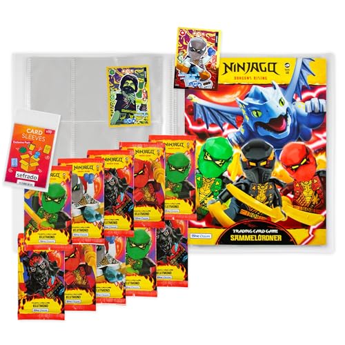 sefrado Bundle Exclusive Hüllen kompatibel mit Lego Ninjago 1 x Sammelmappe leer + 10 Booster Serie 10 Blutmond Trading Card Game 2025 + Bonus Karte LE 15 Mächtiger Zane + LE 9 Morro von sefrado