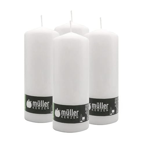 Müller Große Stumpenkerzen – Set 4 Stück - Kerzenfarbe Weiß – 78 x 200 mm – Lange Brenndauer 80 Stunden – Tropffreies Wachs – Geruchsneutral – RAL-Qualität Müller Große Stumpenkerzen – Set 4 Stück - Kerzenfarbe Weiß – 78 x 200 mm – Lange Brenndauer 80 Stunden – Tropffreies Wachs – Geruchsneutral – RAL-Qualität von seit 1744 müller KERZEN