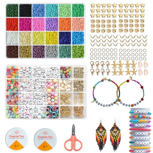 12000 Stück Glasperlen，3 mm Rocailles Perlen DIY Set, mit 720 Buchstabenperlen,Elastische Schnur, 24 Farben Schmuckherstellung Set für Halsketten Armbandherstellung von selliner