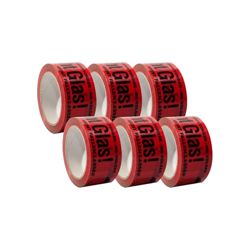 6 x Rolle Packband 'VORSICHT GLAS' | 50mm x 66m | rot | Warnband | Klebeband, Aufdruck:- Vorsicht Glas - von selmundo