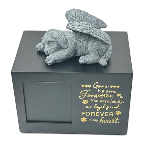 Sengocis Große Holz-Haustierurne für Asche, Haustier-Gedenkurne für Asche mit eleganter Engel-Hundestatue, Erinnerungsbox mit Bilderrahmen, Gedenkgeschenk für Haustiere von sengocis