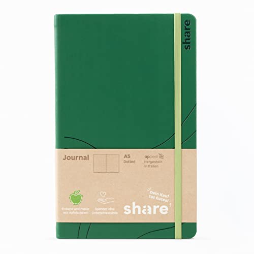 share Journal A5 punktkariert – Notizheft spendet eine Unterrichtsstunde für ein Schulkind – Upcycling Notizbuch aus Apfelschalen – grün von share