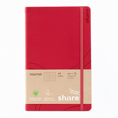 share Journal A5 punktkariert – Notizheft spendet eine Unterrichtsstunde für ein Schulkind – Upcycling Notizbuch aus Apfelschalen – rot von share