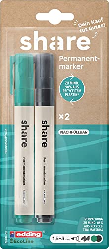 share by edding EcoLine Permanent Marker 2er Set – Marker Set spendet eine Unterrichtsstunde für ein Schulkind – wasserfeste Stifte für fast alle Materialien – grün/schwarz von share