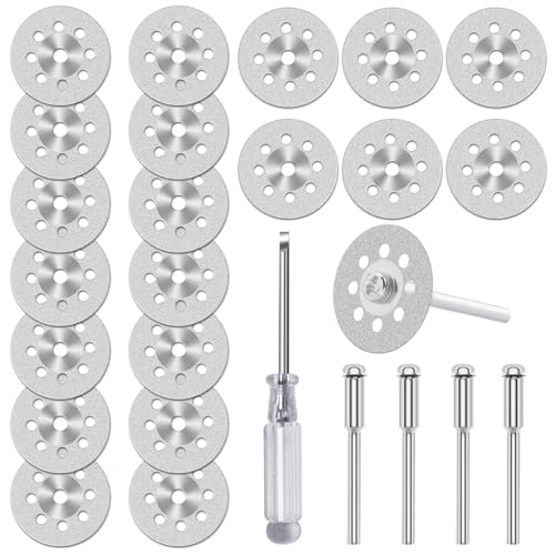 20 Stück Diamant Trennscheiben (22mm) für Dremel Rotationswerkzeug Zubehör, Mini Diamantbeschichtete Trennscheibenmit 4 Stück 3mm Aufnahmedornen und Schraubendreher für Glas Stein Fliese von shengbenhao