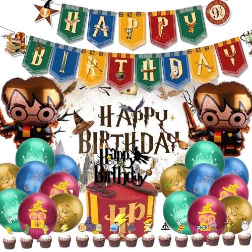 Harry Luftballons Geburtstag Party Deko Set, Zauberer-Themen-Geburtstagsdekoration mit Aluminium-Folienballons, Cupcake-Toppern, Banner und Geburtstagskulisse für Jungen und Mädchen(38Pcs) von shengo
