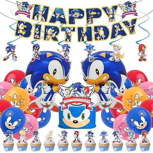 Sonic Party Decoration, Sonic Party Balloons Latex Balloon Happy Birthday Banner Cake Topper Large Sonic Aluminum Film Balloon, Cupcake Toppers for Kids Adult Birthday Party Cake Decor von shengo