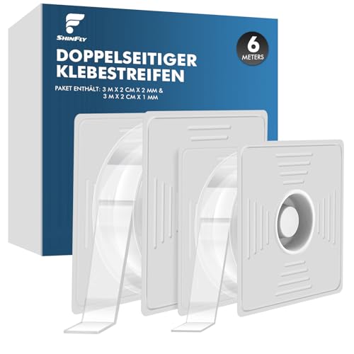 shinfly 6m Nano Doppelseitiges Transparentes Klebeband (2 Rollen) – Wiederverwendbar, Waschbar, Rückstandsfrei – 1mm & 2mm Dicke – Für Fotowände, Verpackungen, Teppiche, Haushalt & Auto von shinfly