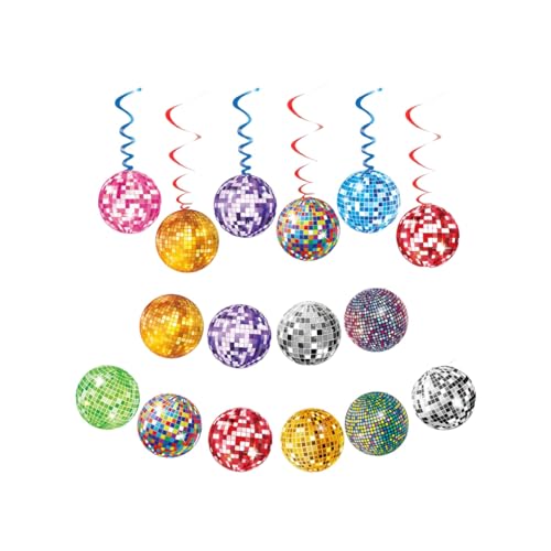 70er-Jahre Discokugel-Dekorationen – 6 Stück Wirbel zum Aufhängen und 10 Stück Banner mit Haken und Schnur, bunte Discoball-Luftschlangen für Weihnachtsbaum, Geburtstag/Retro-Disco/Rock-Party (bunt von shioyoong