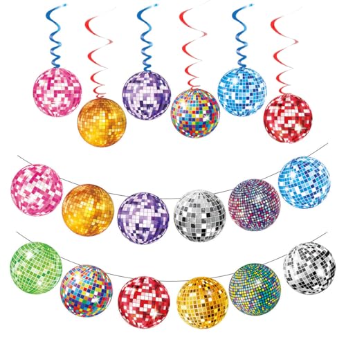 70er-Jahre Discokugel-Dekorationen – 6 Stück Wirbel zum Aufhängen und 12 Stück Banner mit Haken und Schnur, bunte Discoball-Luftschlangen für Weihnachtsbaum, Geburtstag/Retro-Disco/Rock-Party (bunt von shioyoong