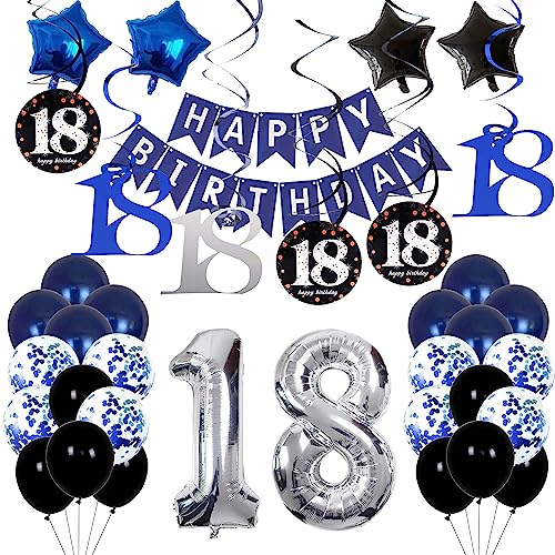 18. Geburtstag Deko Set für Jungen und Mädchen - Happy Birthday Banner, Girlande, Wimpel, Folienballons in Marineblau und Silber von shixpiov