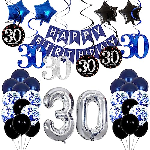 30. Geburtstag Deko Set für Jungen und Mädchen - Happy Birthday Banner, Girlande, Wimpel, Folienballons in Marineblau und Silber von shixpiov