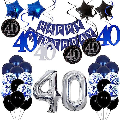 40. Geburtstag Deko Set für Jungen und Mädchen - Happy Birthday Banner, Girlande, Wimpel, Folienballons in Marineblau und Silber von shixpiov