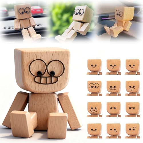 Schüttelnde Holzmann-Figur, Shaking Wooden Man mit 12 Magnetic Expressions, Charmante Kleine Holzfigur, Shaking Wooden Man Figure for Car Dashboard, Funny Cars Ornaments Wood Desktop Decor (1 Set) von shopetei