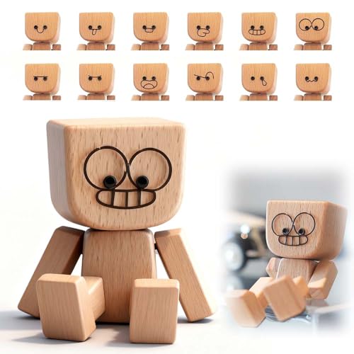 Schüttelnde Holzmann-Figur, Shaking Wooden Man mit 12 Magnetic Expressions, Charmante Kleine Holzfigur, Shaking Wooden Man Figure for Car Dashboard, Funny Cars Ornaments Wood Desktop Decor (2 Set) von shopetei