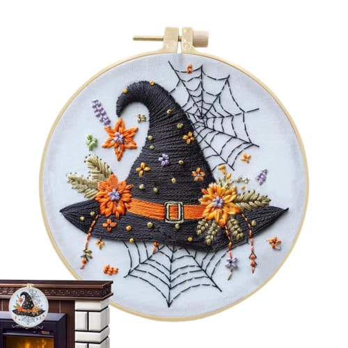 shpuuyy Halloween Anfänger Stickerei Kit, Skelett Hexenhut Stickset Halloween Stickerei Kit Gruselige Totenkopf Kits mit Blumen Nadelspitze Kit für Erwachsene von shpuuyy