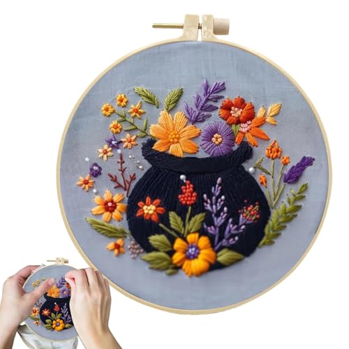 shpuuyy Halloween Anfänger Stickerei Kit, Skelett Hexenhut Stickset Halloween Stickerei Kit Gruselige Totenkopf Kits mit Blumen Nadelspitze Kit für Erwachsene von shpuuyy