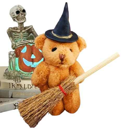 shuhauk Halloween-Hexenbär, Halloween-Plüschbär-Miniatur-Set in Box, Display mit Kürbisbesen, Horror, saisonale Szene, Requisite für Zuhause, Schlafsaal, , Nachttisch, Esstisch von shuhauk