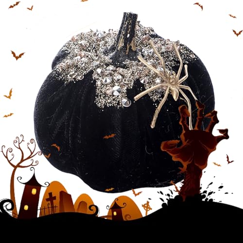 shuhauk Künstliche Kürbisse – Glitzer und Juwelen, Spinnenkürbis, 3D-Figuren, Requisite, Samt-Dekoration für Fenster, Tisch, Außenbereich, Haus, Büro, Zuhause, Urlaub, Halloween-Szene von shuhauk