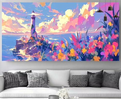 Blumen Diamond Painting Leuchtturm Diamond Painting Erwachsene Bastelset, 5D Crystal Art Kreuzstich Strass Stickereipuzzl, Diy Kinder Daiments Malerei Volldiamant Leinwand für Gifts 80x240cm M-Y345 von shuoguoo