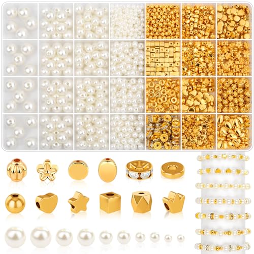 1352 Stück goldene Abstandshalter und Perlen für Armbänder, verschiedene Goldperlen, Perlen für Armband- und Schmuckherstellung 1352 Stück goldene Abstandshalter und Perlen für Armbänder, verschiedene Goldperlen, Perlen für Armband- und Schmuckherstellung von shynek