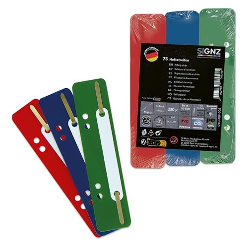 SIGNZ Heftstreifen Kunststoff (PP), 75 Stück, 25 x 3 Farben, recycelbarer Kunststoff (PP), CO2-neutral hergestellt, made in Germany (75 Stück, dunkel-blau, grün, rot) von signz