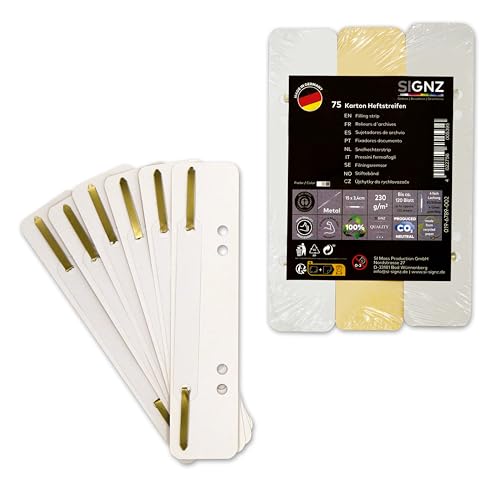 SIGNZ Heftstreifen Pappe, 75 Stück, 25 x 3 Farben, Recycling-Karton, CO2-neutral hergestellt, made in Germany (75 Stück, weiß, chamois, grau) von signz