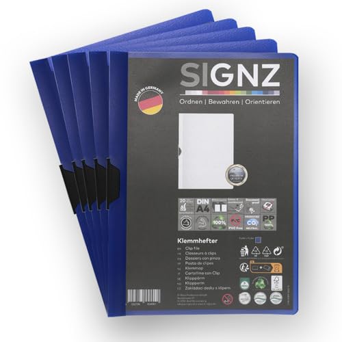 SIGNZ Klemmhefter DIN A4, 5 Stück, dunkelblau, Für bis zu 60 Blatt, CO2-neutral hergestellt, made in Germany von signz