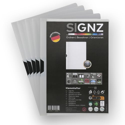 SIGNZ Klemmhefter DIN A4, 5 Stück, grau, Für bis zu 60 Blatt, CO2-neutral hergestellt, made in Germany von signz