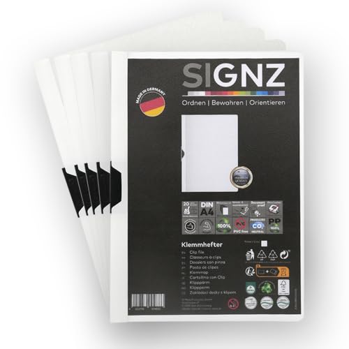 SIGNZ Klemmhefter DIN A4, 5 Stück, weiß, Für bis zu 30 Blatt, CO2-neutral hergestellt, made in Germany von signz