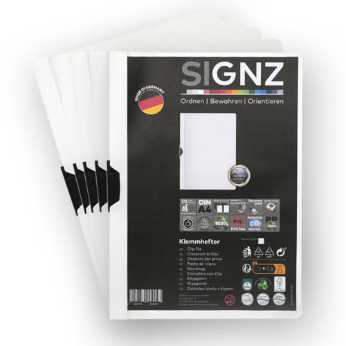 SIGNZ Klemmhefter DIN A4, 5 Stück, weiß, Für bis zu 60 Blatt, CO2-neutral hergestellt, made in Germany von signz