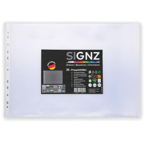 SIGNZ Prospekthüllen (DIN A3, Querformat, extra starke 110 my), 25 Stück, genarbt, CO2-neutral hergestellt, made in Germany von signz