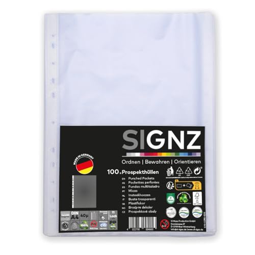 SIGNZ Prospekthüllen (DIN A4, 40 my), 100 Stück, genarbt, CO2-neutral hergestellt, made in Germany von signz