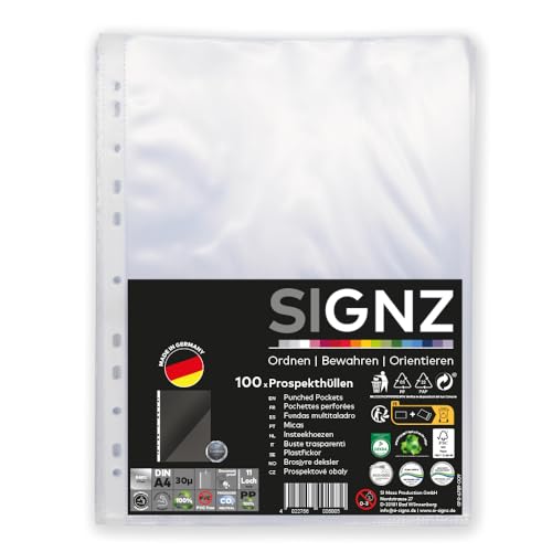 SIGNZ Prospekthüllen (DIN A4, 40 my), 100 Stück, glasklar, CO2-neutral hergestellt, made in Germany von signz