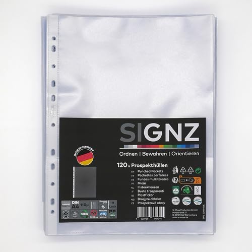 SIGNZ Prospekthüllen (DIN A4, extra starke 110 my), 120 Stück, genarbt, CO2-neutral hergestellt, made in Germany von signz