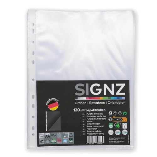 SIGNZ Prospekthüllen (DIN A4, extra starke 110 my), 120 Stück, glasklar, CO2-neutral hergestellt, made in Germany von signz