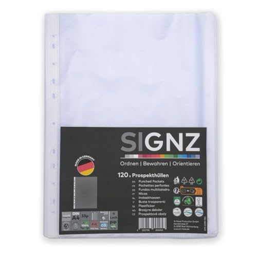 SIGNZ Prospekthüllen (DIN A4, 55 my), 120 Stück, genarbt, CO2-neutral hergestellt, made in Germany von signz