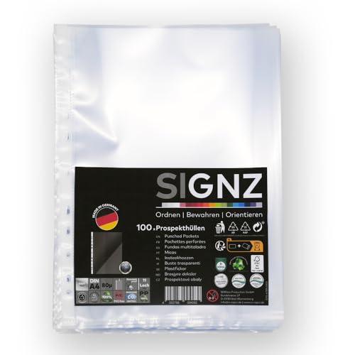 SIGNZ Prospekthüllen (DIN A5, starke 100 my), 100 Stück, glasklar, CO2-neutral hergestellt, made in Germany von signz