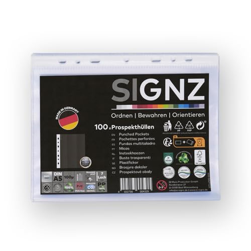 SIGNZ Prospekthüllen (DIN A5, starke 100 my), 100 Stück, glasklar, CO2-neutral hergestellt, made in Germany von signz