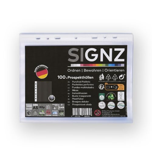 SIGNZ Prospekthüllen (DIN A5, starke 80 my), 100 Stück, genarbt, CO2-neutral hergestellt, made in Germany von signz
