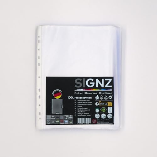 SIGNZ Prospekthüllen Extrabreit (DIN A4, starke 80 my), 100 Stück, glasklar, CO2-neutral hergestellt, made in Germany von signz