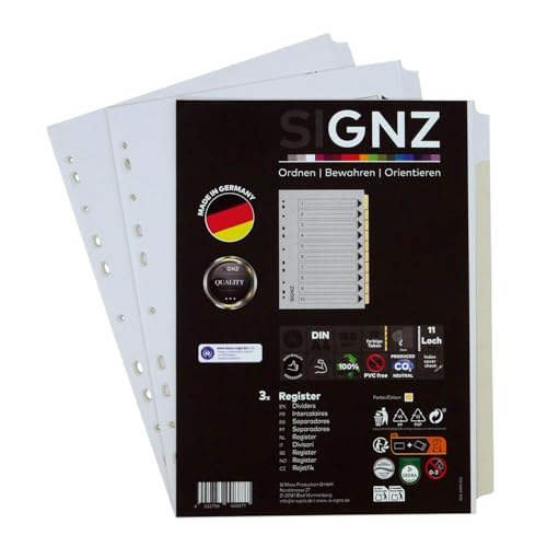 SIGNZ Register A4 aus Recycling-Karton, 10 - teilig, weiß, 3 Stück, extra starke Trennblätter, CO2-neutral hergestellt, made in Germany von signz