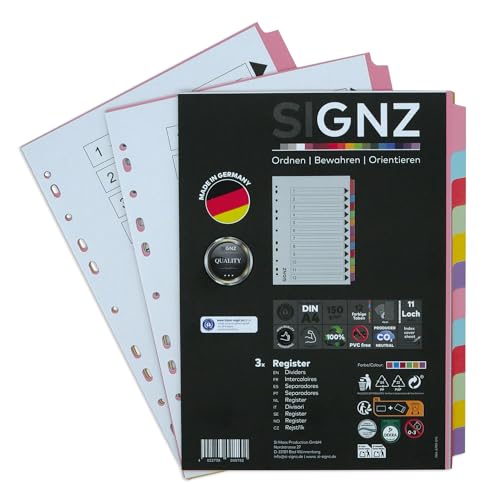 SIGNZ Register A4 aus Recycling-Karton, 12 - teilig, farbig, 3 Stück, extra starke Trennblätter, CO2-neutral hergestellt, made in Germany von signz