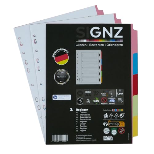 SIGNZ Register A4 aus Recycling-Karton, 5 - teilig, farbig, 3 Stück, extra starke Trennblätter, CO2-neutral hergestellt, made in Germany von signz