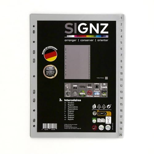 SIGNZ Register DIN A4, 20 - teilig (1-20), 3 Stück, extra starke Trennblätter aus Kunststoff (PP), CO2-neutral hergestellt, made in Germany von signz