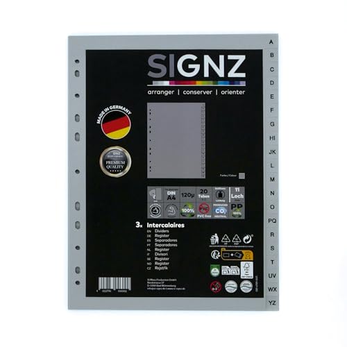SIGNZ Register DIN A4, 20 - teilig (A-Z), 3 Stück, extra starke Trennblätter aus Kunststoff (PP), CO2-neutral hergestellt, made in Germany von signz