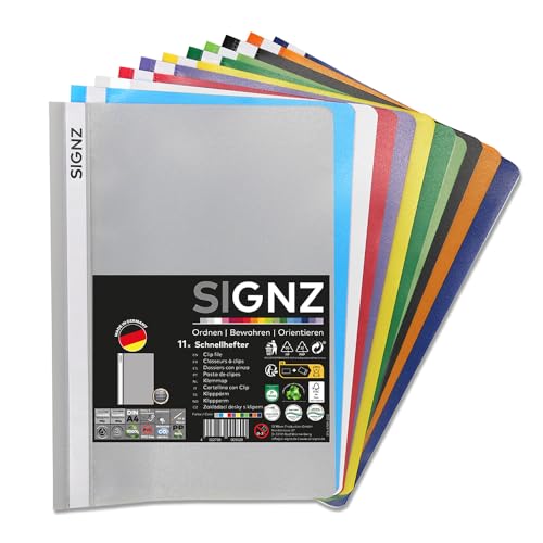 SIGNZ Schnellhefter DIN A4, stabil, 11 Stück, 11 Farben, transparenter Deckel, CO2-neutral hergestellt, aus recycelbarem Kunststoff (PP), FSC Mix 70%, made in Germany von signz