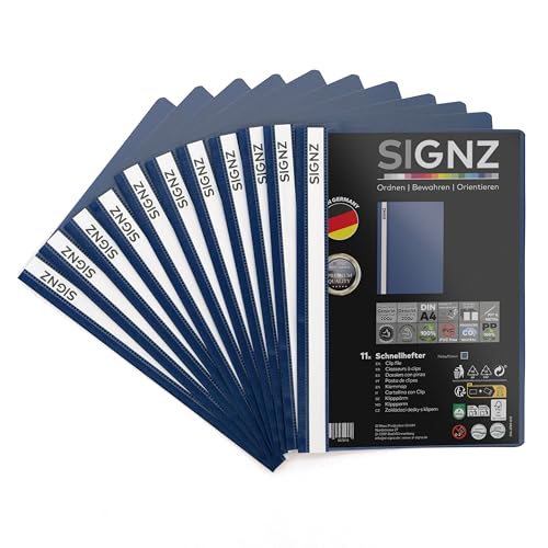 SIGNZ Schnellhefter DIN A4, stabil, 11 Stück, blau, transparenter Deckel, CO2-neutral hergestellt, aus recycelbarem Kunststoff (PP), FSC Mix 70%, made in Germany von signz